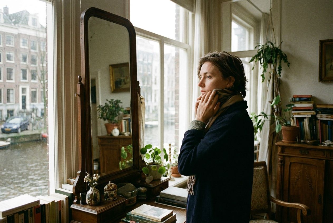 A candid, cinematic photograph of a person in a Dutch setting, gazing intently at their own reflection in a mirror, perhaps adjusting a detail or lost in a moment of introspection. The scene is bathed in soft, natural light, highlighting the focus on self, composed for a 3:2 landscape frame.