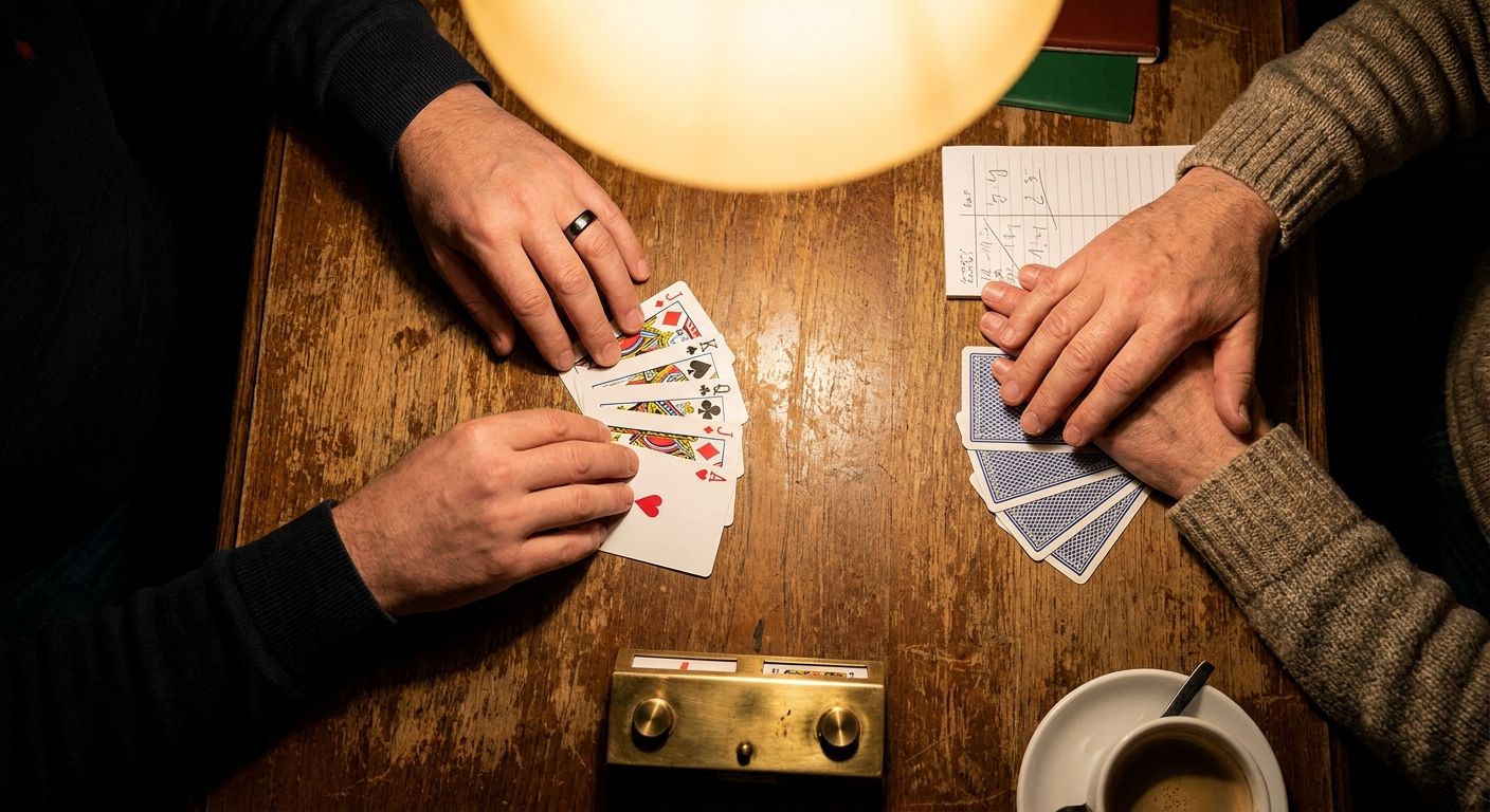 A dramatic close-up, top-down photograph of two players' hands engaged in a bridge bidding auction. One hand is strategically poised above a fan of cards, showcasing prominent Hearts, Spades, Clubs, and Diamonds, while the partner's hand rests thoughtfully on their own hand of cards, conveying anticipation and response. The scene is lit with focused, warm light, emphasizing the intense communication and strategy.