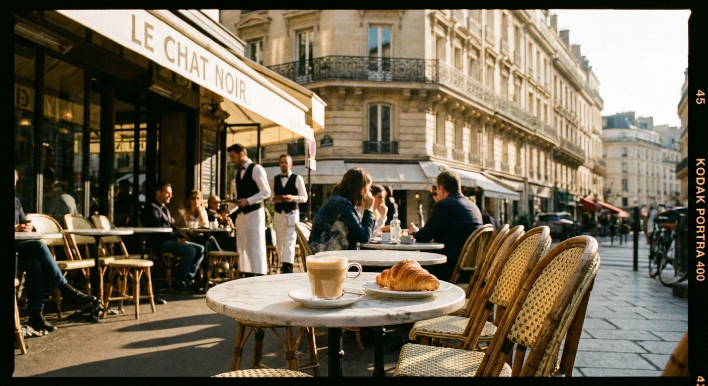A cinematic, sun-drenched photograph of a classic Parisian sidewalk café, featuring a small round marble table with a steaming cup of café au lait and a fresh croissant. In the background, the soft-focus architecture of a Haussmann-style building with wrought-iron balconies creates a warm, inviting atmosphere.