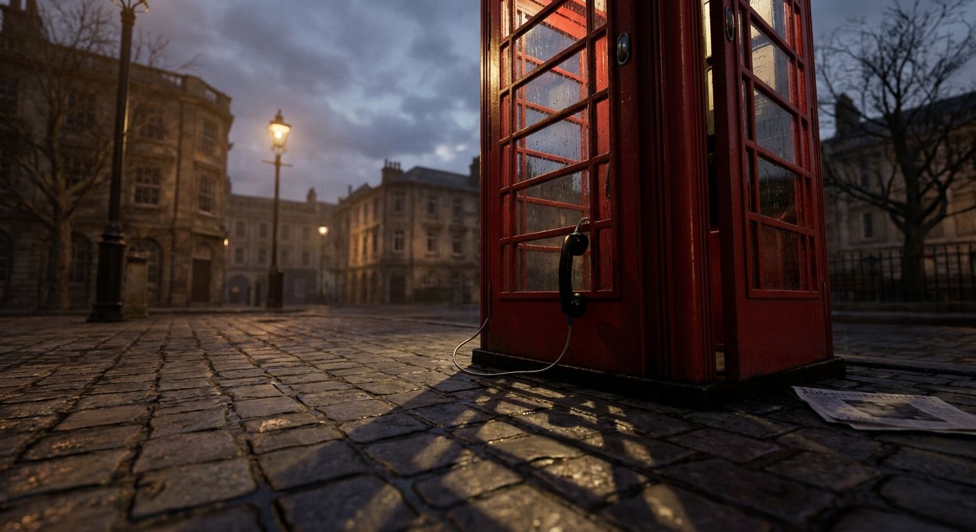 A dramatic, slightly low-angle photograph of a classic red British telephone booth, with the phone receiver dangling just outside the booth's open door, casting a long shadow on the pavement. The scene evokes a sense of an interrupted call or a recent, urgent conversation, prompting questions about who initiated or received the call.