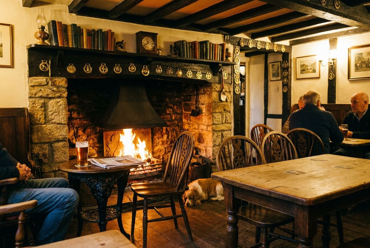 A warm and inviting interior shot of a traditional British village pub. A roaring fireplace glows in the hearth, casting a cosy light on the rustic wooden furnishings and a pint of ale on a nearby table. Photorealistic, 3:2 landscape.