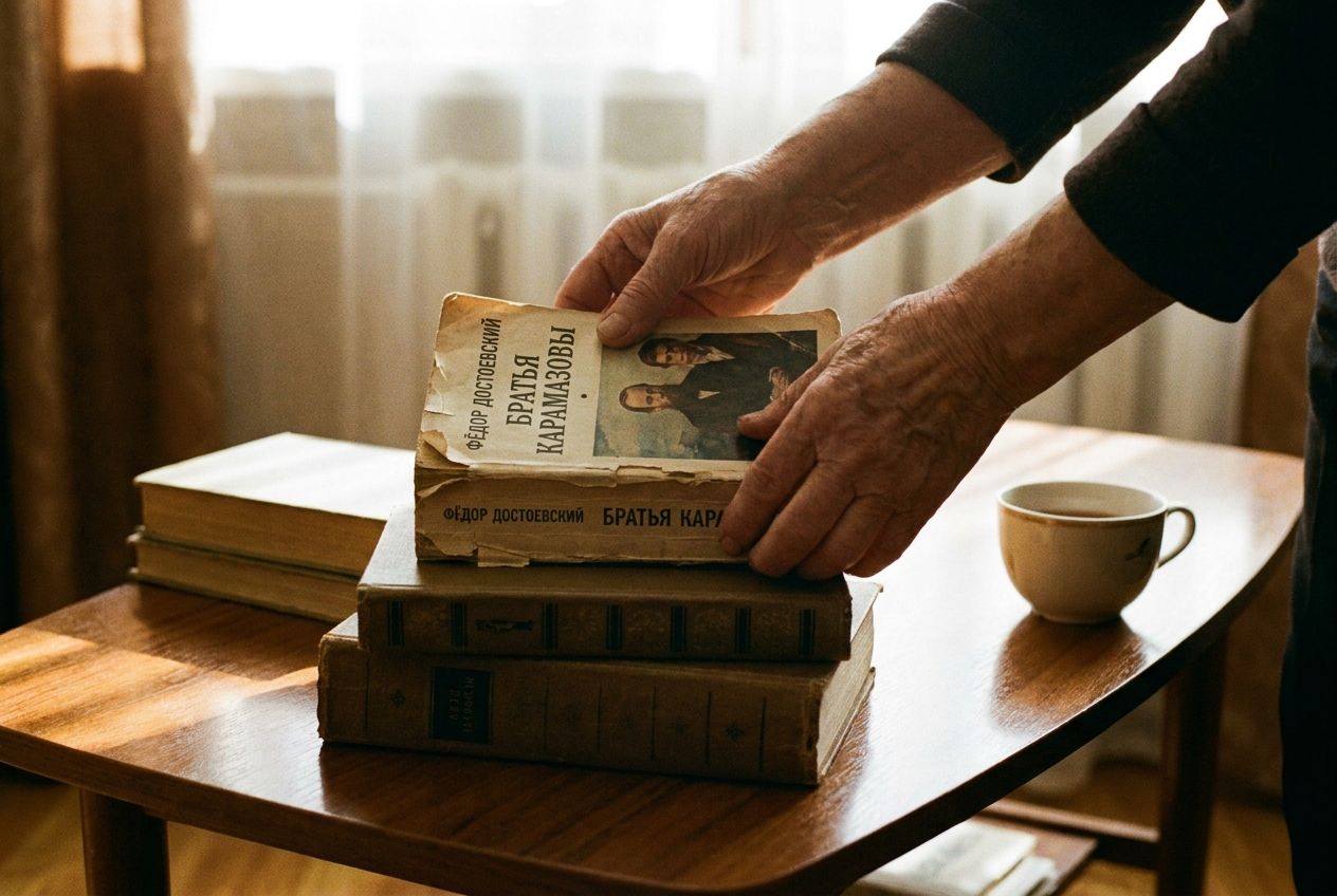 A close-up, editorial photograph of a person's hands gently placing a well-worn Russian novel onto a stack of books on a polished wooden coffee table. Nearby, a simple ceramic tea cup stands upright. Warm, natural light streams in from a window, creating soft highlights and deep shadows across the scene, composed for a 3:2 landscape frame.