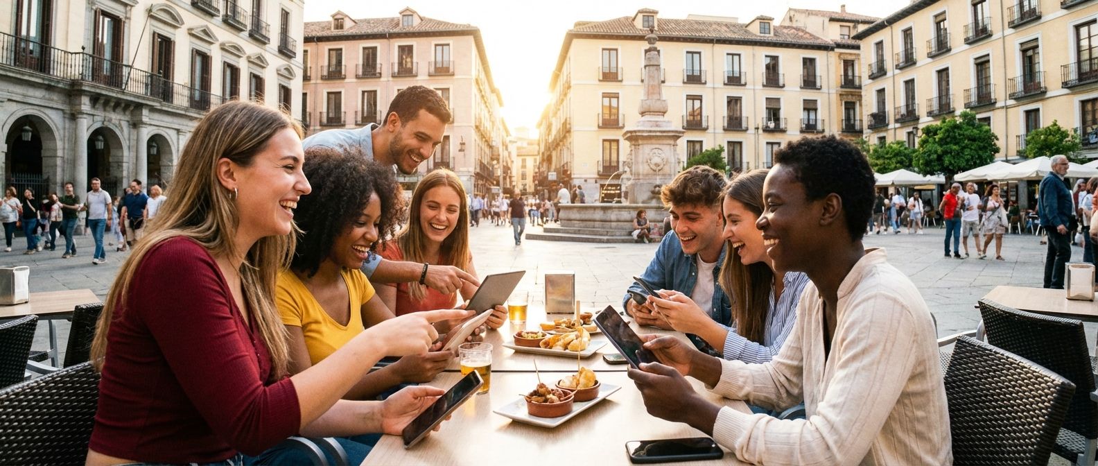 A vibrant wide-angle photograph of young people in a bustling Spanish city square, bathed in warm afternoon sunlight. They are gathered around a table at a cafe, laughing and actively engaged with their smartphones and tablets, sharing moments and connecting online, blending modern technology with traditional social life.