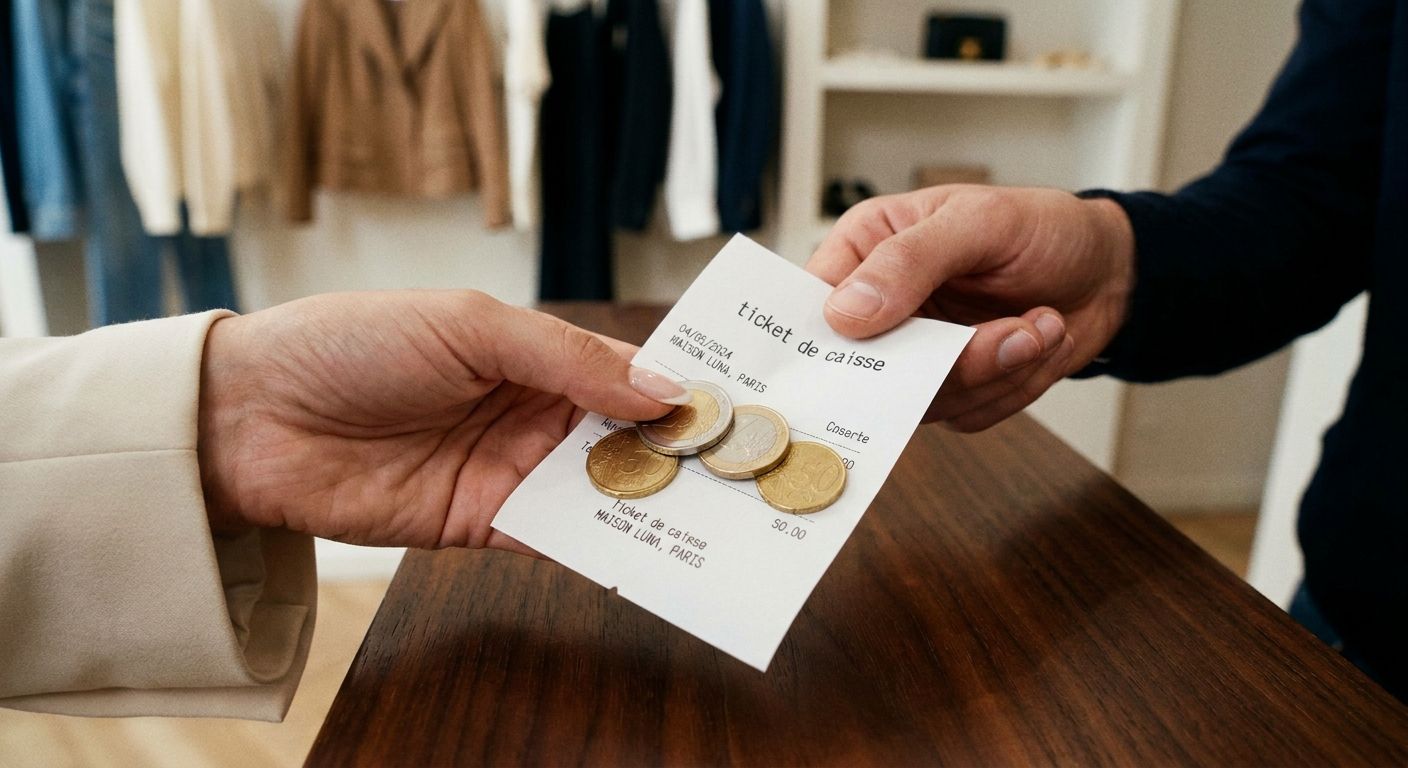 A close-up, high-angle photograph of an elegant hand receiving a crisp French "ticket de caisse" and a few shiny Euro coins as change from a vendor's hand, over a polished counter in a chic Parisian boutique, with a blurred background hinting at tasteful displays of clothing.