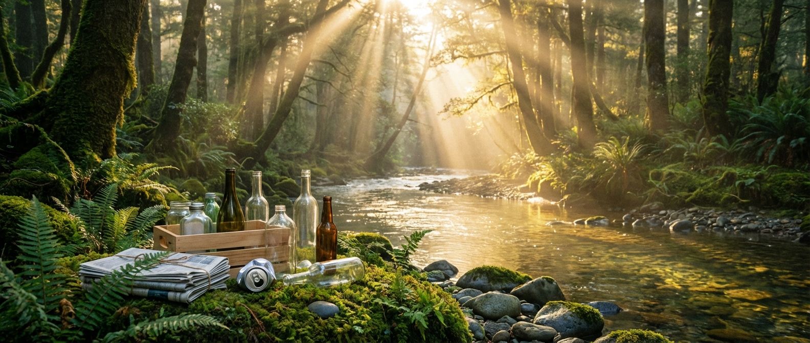 A dramatic wide-angle photograph of a lush, vibrant forest at sunrise, with golden light filtering through the canopy onto a winding, clear river. In the foreground, a small, carefully arranged collection of clean, diverse recycled materials (glass, metal, paper) are subtly integrated into the natural landscape, suggesting a harmonious cycle of resource use and renewal. The mood is hopeful and serene.