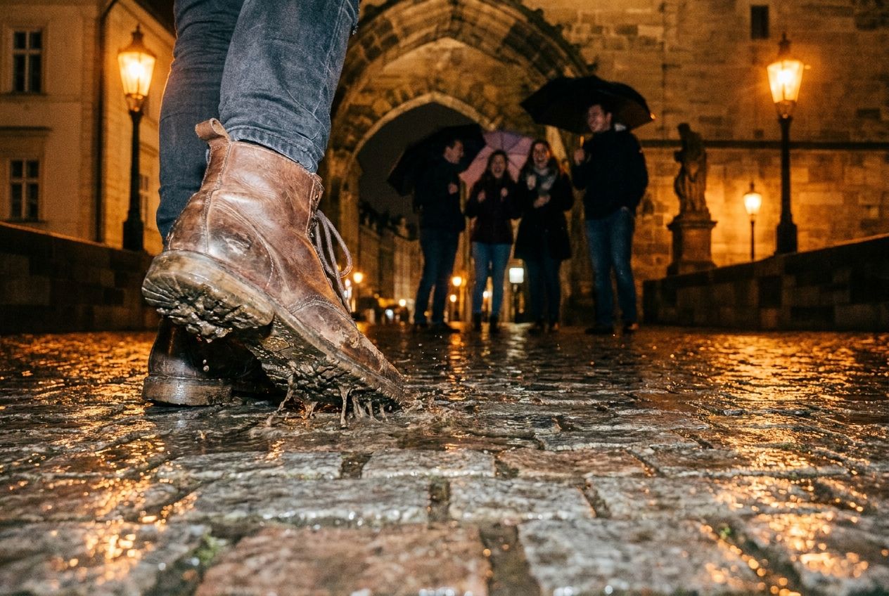 A dramatic low-angle, close-up photograph capturing the textured detail of a person's feet in motion on a winding, wet cobblestone path, reflecting the warm glow of distant streetlights. In the soft-focus background, a small group of people are seen interacting under an archway or at a gathering point, suggesting a journey towards connection, composed for a 3:2 landscape frame.