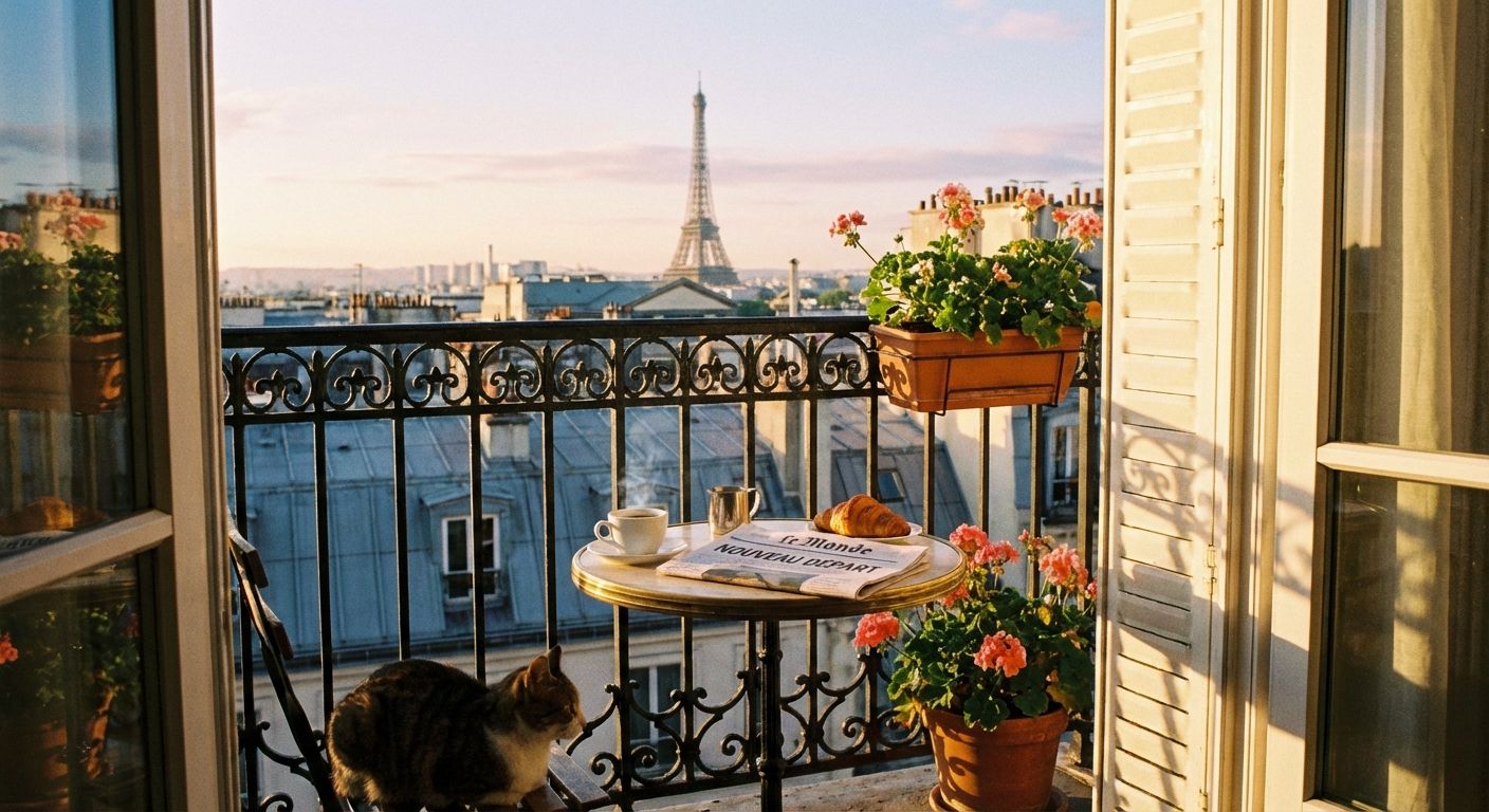 Generate a cozy, warm-toned image of a Parisian balcony at sunrise. The Eiffel Tower should be visible in the distance, with the city rooftops stretching out below. A wrought-iron balcony railing frames the scene. On the balcony is a small, round table with a white tablecloth, holding a cup of coffee, a croissant, and a newspaper titled "Le Monde Nouveau Depart". Potted geraniums add a touch of color. A tabby cat sits on a chair. The warm, golden light of dawn illuminates the scene, creating a peaceful, inviting atmosphere. Include the open balcony doors on either side, with one door with closed shutters casting shadows.