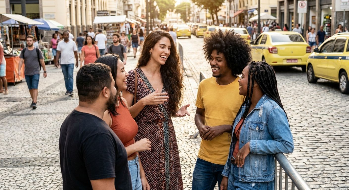 A candid, vibrant photograph of a diverse group of young Brazilian adults socializing outdoors in a sunny, bustling urban environment. The group naturally showcases a variety of heights, body builds, and distinct hair types—some with long wavy hair, others with short curly hair, some tall, some short. The scene should feel authentic and lively, capturing the beauty of varied physical appearances in Brazil.