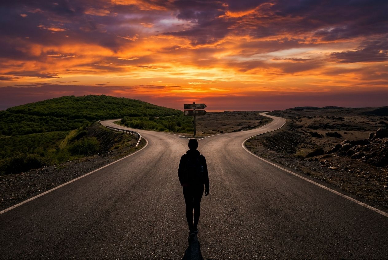 A wide-angle, high-contrast photograph of a person's silhouette walking away down a long road, with a vibrant sunset behind them, symbolizing the journey of lifestyle choices impacting health. The road forks in the distance, representing decisions and their potential outcomes on well-being.