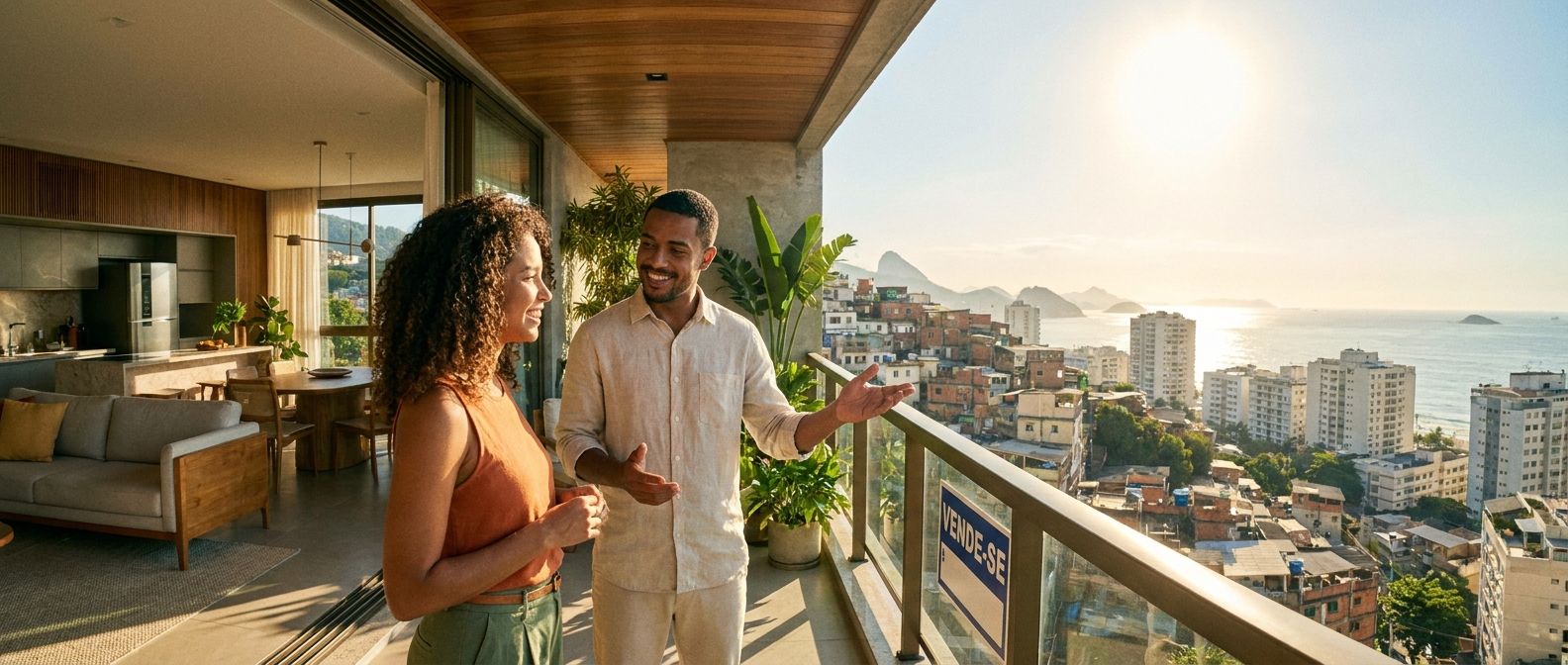 A vibrant, wide-angle photograph captures a potential renter and a Brazilian estate agent discussing on a sunny balcony of a stylish, modern apartment overlooking a bustling Brazilian cityscape. Bright sunlight illuminates the scene, conveying a sense of optimism and new beginnings.