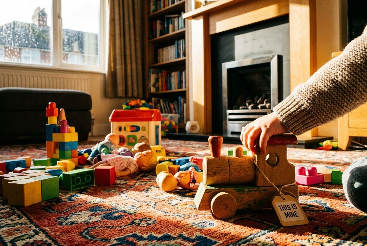 A vibrant, eye-level photograph of a collection of colourful children's toys, including a small wooden train and building blocks, scattered on a soft, patterned rug in a sunlit, cozy British living room. A child's hand gently reaches for a specific toy, highlighting the concept of possession and belonging, in a 3:2 landscape frame.