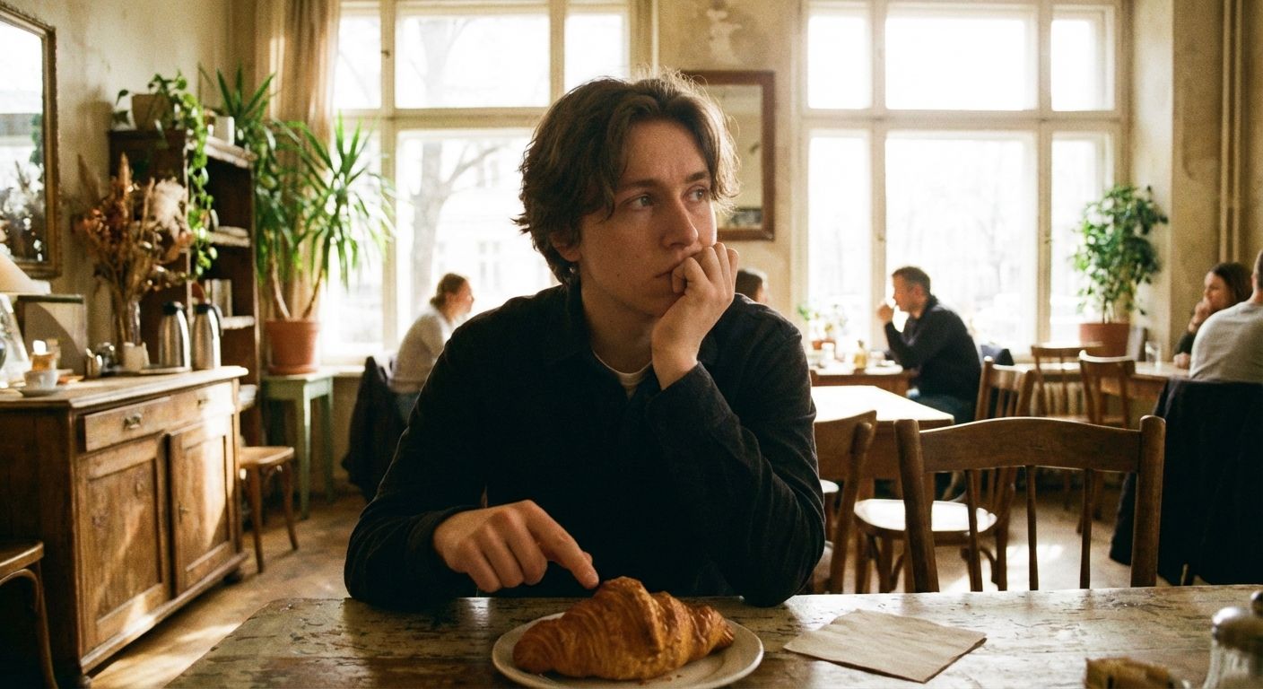 A cinematic medium shot depicts a contemplative young man in a warm-toned cafe. He is seated at a rustic wooden table, on which rests a croissant on a white plate and a paper napkin. He has dark hair and is wearing a black long-sleeved shirt, his hand to his chin in thought. Large windows in the background let in natural light, revealing other patrons in the softly-focused interior. The cafe has a vintage, cozy aesthetic, with wooden furniture, plants, and subtle wall textures. The image has a slightly desaturated color palette with a focus on browns, creams, and muted greens.