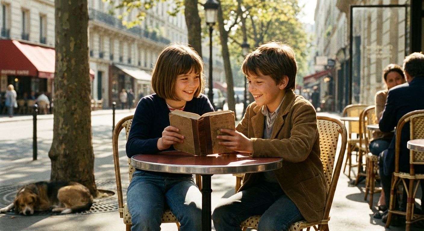 A candid photograph of a young French boy and girl, perhaps 10-12 years old, sitting across from each other at a small, round bistro table on a charming Parisian street. They are smiling and sharing a moment, perhaps looking at a book together, symbolizing a natural connection or agreement. Warm, inviting sunlight fills the scene.