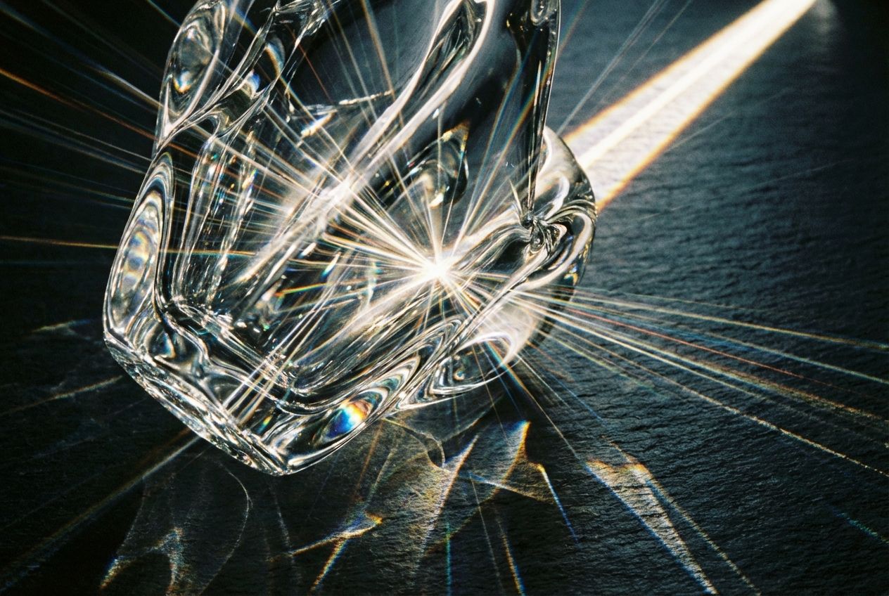 A striking, close-up photograph of a powerful beam of light intensely refracting and reflecting through a complex, clear sculpted glass object, creating a mesmerizing interplay of bright converging and diverging rays on a dark, textured background, composed for a 3:2 landscape frame.