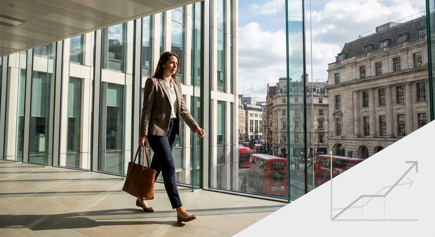 A confident professional walks with purpose through a modern, sunlit office building in a bustling British city, a vibrant cityscape visible through large glass windows in the background. The image evokes ambition and the journey of a career path.