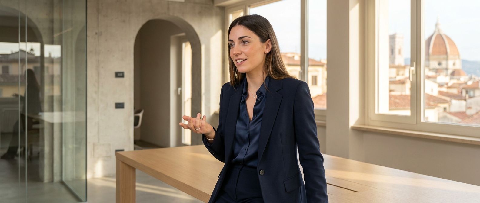 A confident young Italian professional, dressed in smart business attire, mid-conversation with a slight smile and direct, engaging gaze, in a modern, minimalist office flooded with natural light. Subtle Italian architectural details or a blurred cityscape are visible in the background, composed for a wide, horizontal frame.