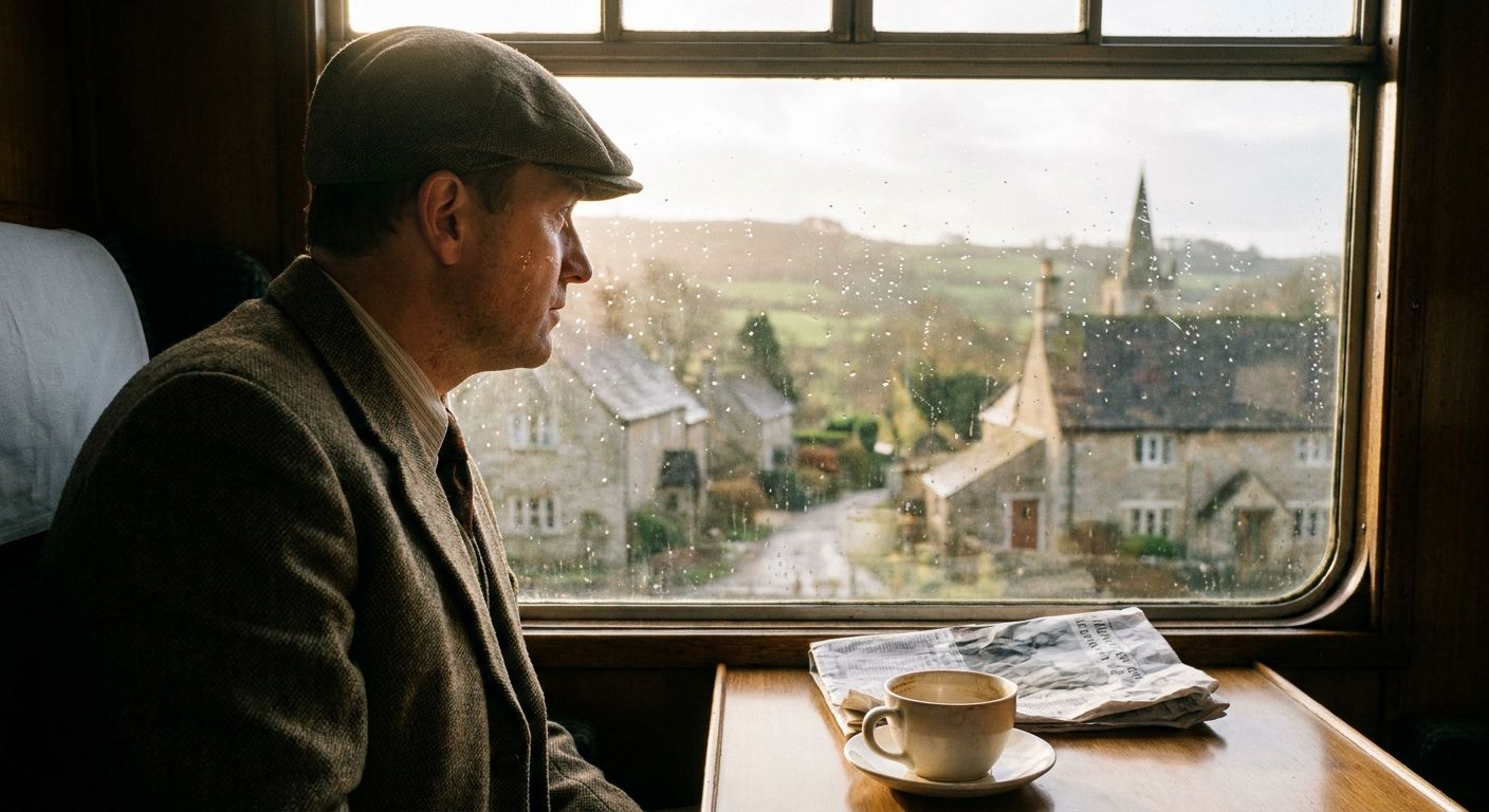 A candid, cinematic photograph from inside a vintage British train carriage, looking out a window at a charming English countryside or townscape passing by. A person, seen from behind or in profile, gazes contemplatively out the window, with a half-empty teacup or coffee mug on the table beside them. Soft morning light streams through the window, emphasizing a sense of journey and daily routine.