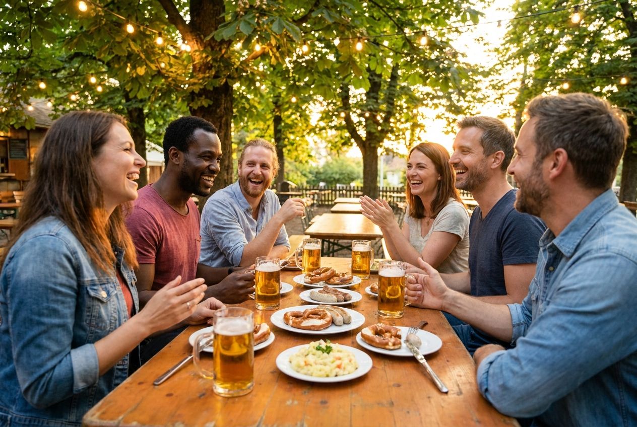 A vibrant, candid photograph of a diverse group of friends laughing and sharing stories around a wooden table in a traditional German beer garden, with steins and food on the table, under warm evening light. The scene captures lively social interaction and community connection in a 3:2 landscape.