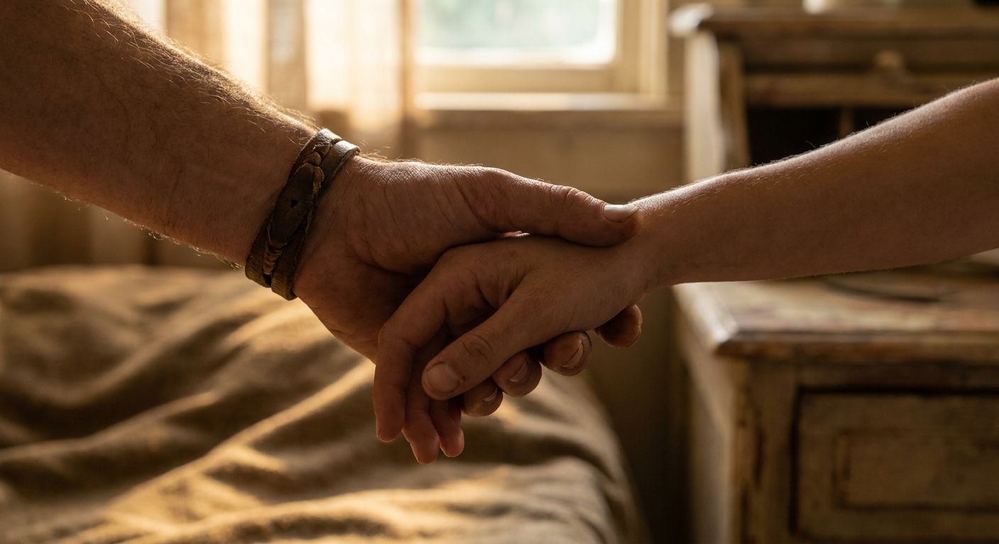 A dramatic close-up photograph of two human hands, one gently yet firmly grasping the wrist of the other, in a gesture of protection and careful guidance. The background is softly blurred, focusing attention on the hands, with warm, subtle lighting.