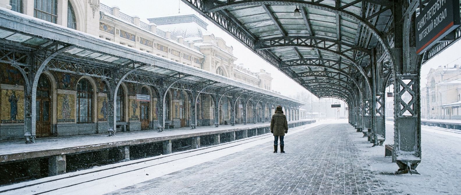A wide, horizontal shot of a long, empty platform at a grand, ornate Russian train station in winter. A single, solitary figure stands far in the distance, their back to the viewer, enveloped by the vast, quiet space under cold, diffused light, emphasizing the profound sense of isolation.