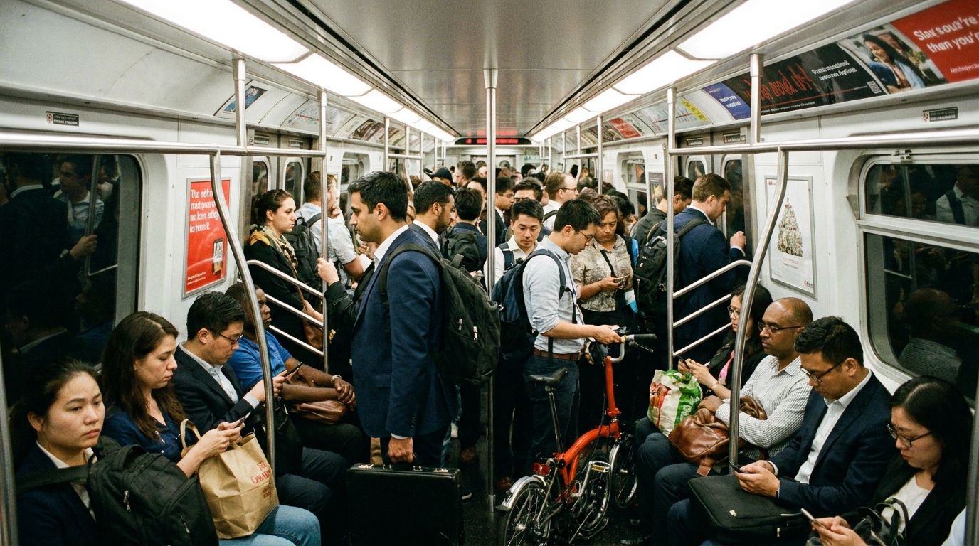 A wide-angle photograph inside a packed commuter train carriage during rush hour, filled to capacity with diverse passengers standing shoulder-to-shoulder, some holding numerous bags and briefcases. The scene is brightly lit, emphasizing the overwhelming number of people and belongings in a slightly claustrophobic but realistic way.