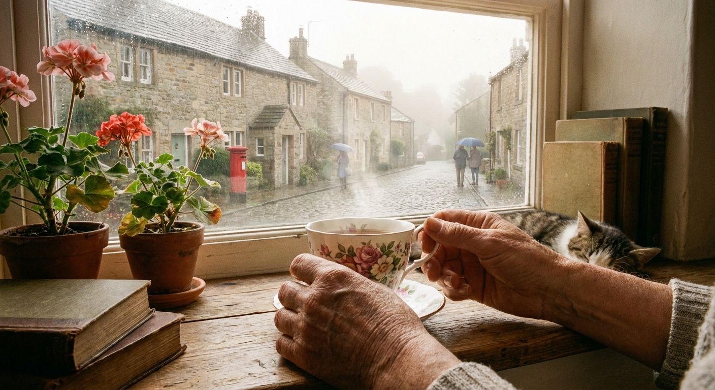 A warm, inviting photograph of a person's hands gently holding a classic British teacup, resting on a wooden windowsill. Soft morning light streams through the window, illuminating a charming, slightly misty British street scene outside, evoking a sense of peaceful daily routine and the comforting rhythm of life.