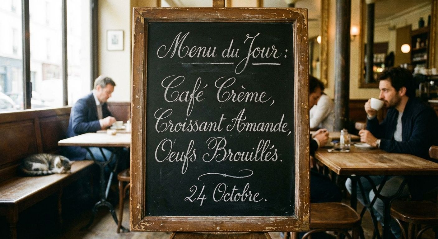 The image is a softly-lit, slightly grainy photo of a Parisian café scene. The main subject is a chalkboard menu with the "Menu du Jour" written in elegant script, followed by breakfast items in French: Cafe Crème, Croissant Amande, and Oeufs Brouillés with the date "24 Octobre" written beneath the menu. The chalkboard has a distressed wooden frame and is standing on an easel. In the background, blurred figures sit at wooden tables and chairs. The cafe has a warm, inviting atmosphere, with natural light streaming in from a window on the left. A cat is sleeping on a banquette in the foreground. The overall color palette is warm and muted, with browns, creams, and soft grays dominating the scene. The composition is a medium shot, with the chalkboard in the center and the café scene providing context.