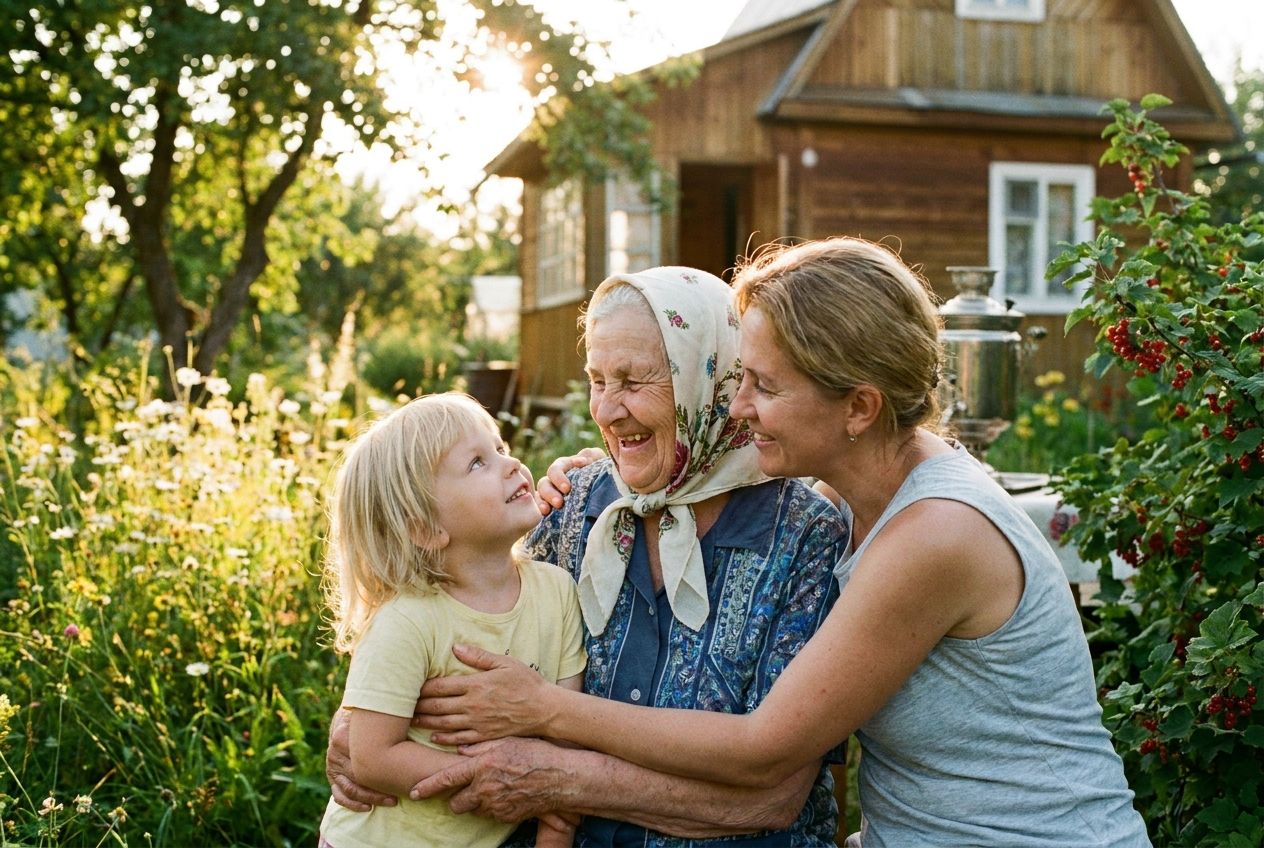 A candid photograph capturing three generations of a Russian family: a young child, an adult, and an elderly woman, sharing a warm moment in a sunlit dacha garden, the child looking up with curiosity at the elder. The scene is composed for a 3:2 landscape, with soft, golden light highlighting their expressions and connection.