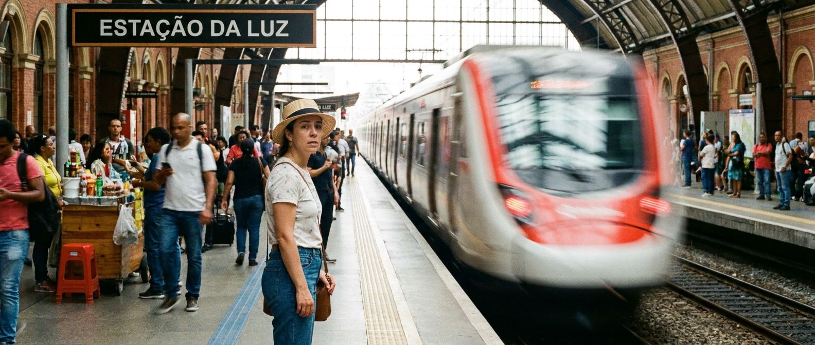 A striking wide-angle photograph captures a moment of realization: a person stands on a vibrant, bustling train platform in a Brazilian city, looking towards a modern train that is rapidly disappearing into the distance, having just departed. The dynamic scene conveys a powerful sense of something having *already happened* before the observer's arrival, with motion blur on the train and bright, natural light.