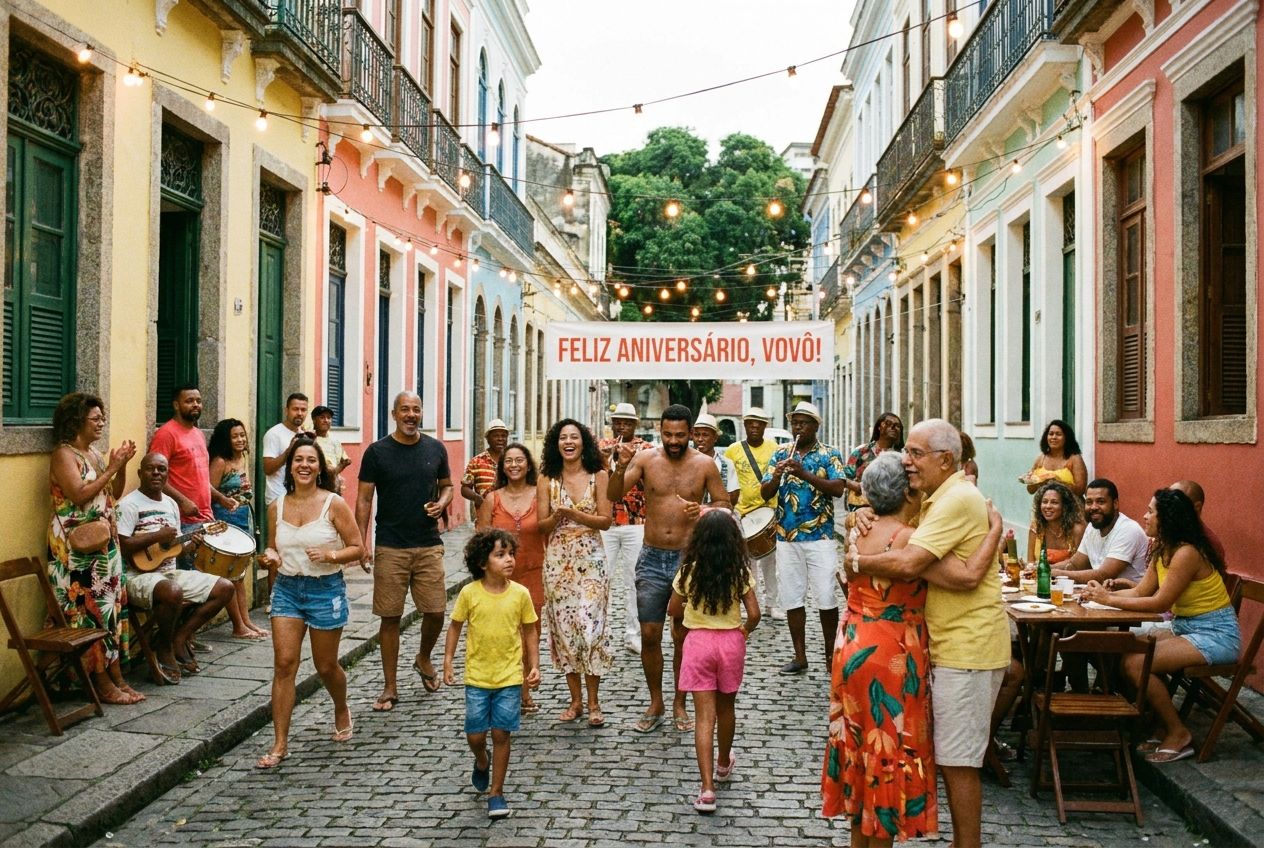 A vibrant, candid photograph of a multi-generational Brazilian family and friends gathered for a lively outdoor celebration or birthday party in a colorful urban setting, with warm string lights illuminating the scene as people laugh and socialize. The image captures the joy and community spirit of a special day in Brazil, composed for a 3:2 landscape.
