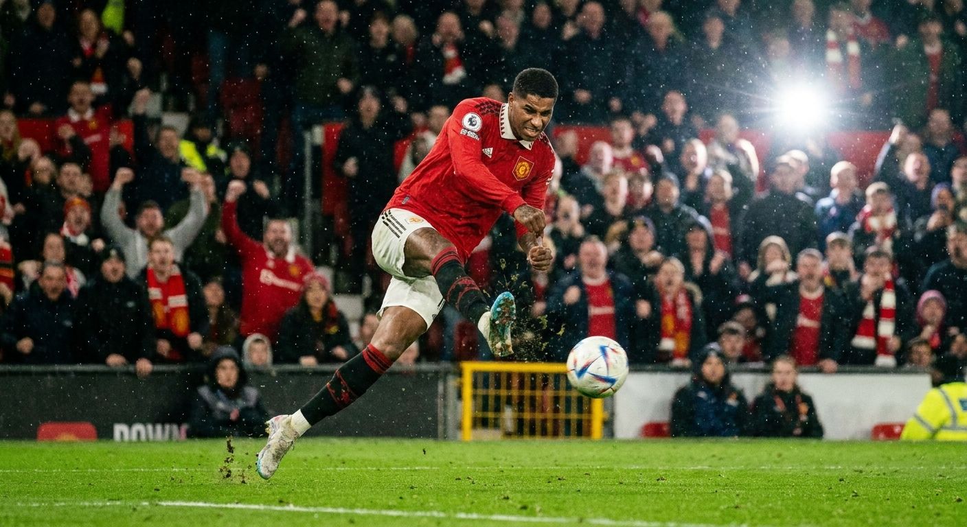 A dynamic close-up photograph of a professional football player in mid-action, powerfully kicking a football on a vibrant green pitch. The stadium lights illuminate the scene, with blurred, cheering spectators in the background, conveying the intense energy of a major sporting event.