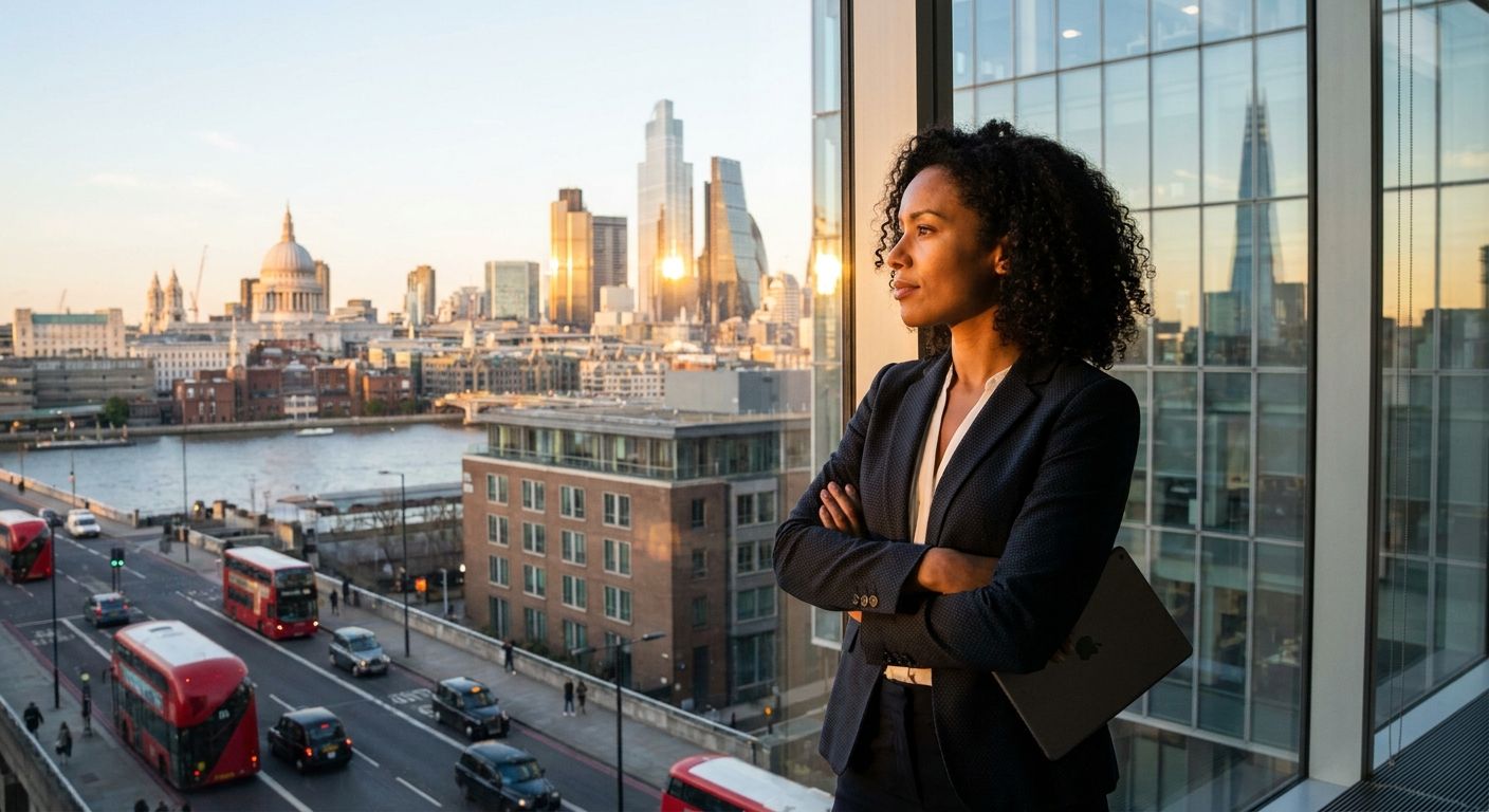 A diverse professional stands in a modern, high-rise office in London, looking thoughtfully out of a large window towards a vibrant city skyline during a golden hour sunset. The focus is on the individual and the iconic British urban landscape beyond, conveying a sense of purpose and connection to their work, captured in a realistic, vivid photograph.