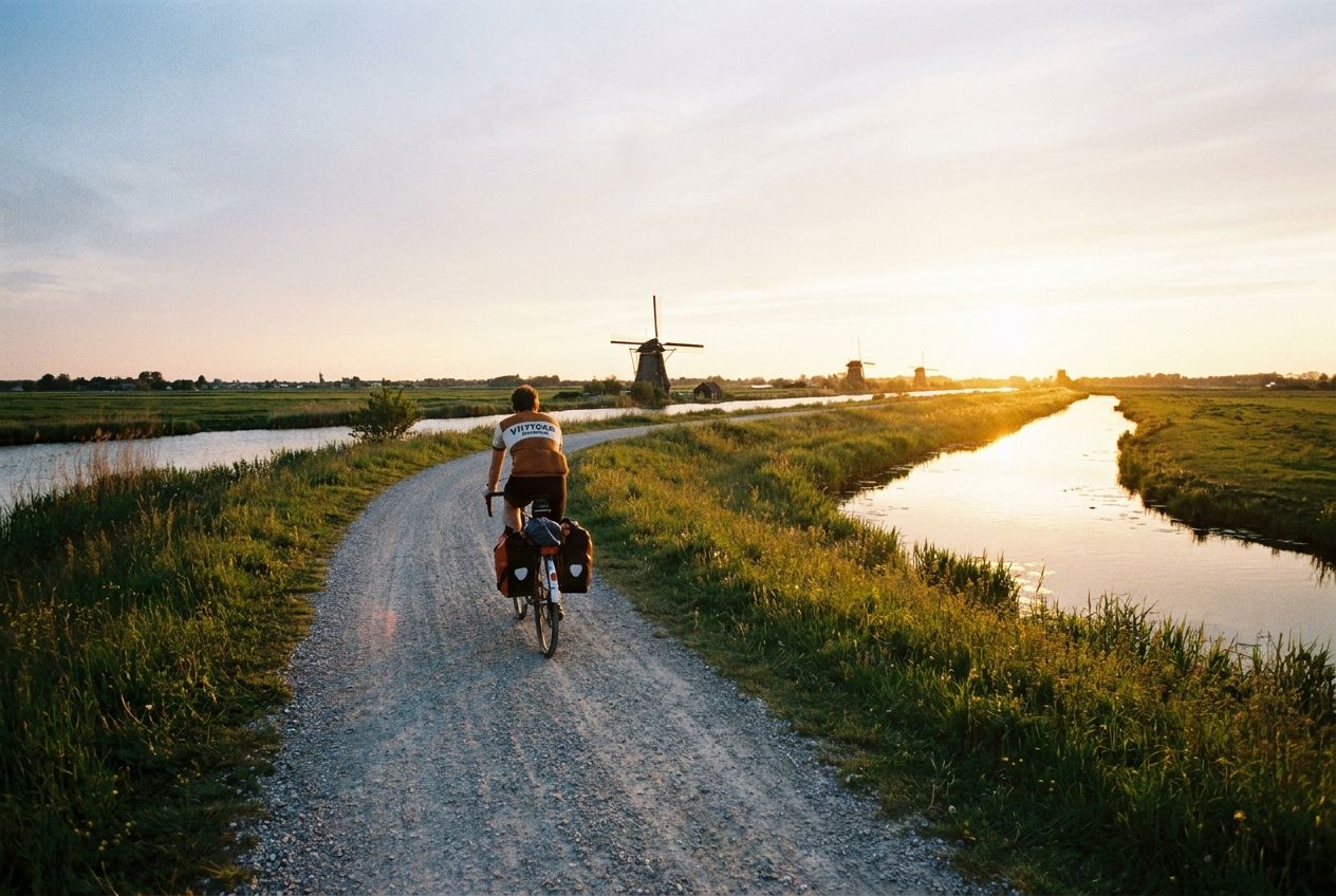 A person cycles on a scenic winding path through a classic Dutch polder landscape, with canals and windmills visible in the distance. The path stretches towards a bright horizon under a clear sky, symbolizing future journeys and plans. The image is a vivid, wide-angle photograph in golden hour light, composed for a 3:2 landscape frame.