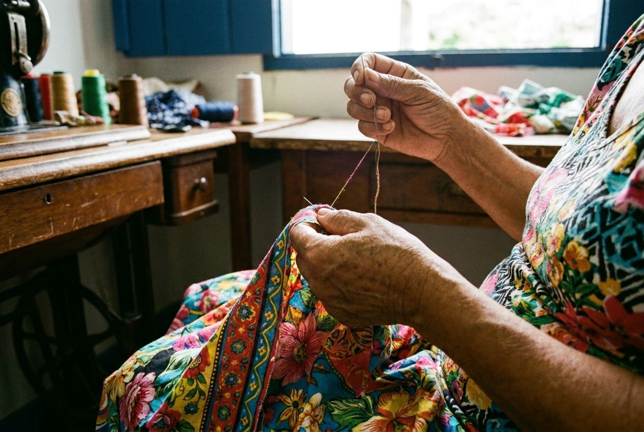 A dramatic close-up photograph captures a Brazilian seamstress's hands meticulously working on a vibrant, patterned fabric with a needle and thread, bathed in warm, natural light from a window in her traditional workshop, composed for a 3:2 landscape.