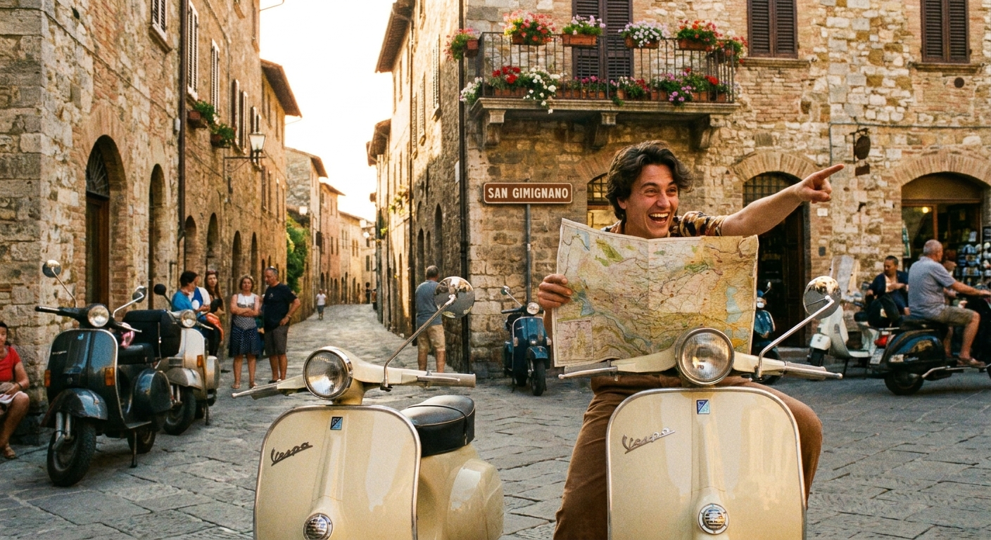 A person on a classic Vespa scooter, stopped at a sunny crossroads in a charming Italian hill town, looking at a physical map and pointing animatedly down one of the narrow, winding streets. Picturesque stone buildings line the background, with the street leading into the distance, conveying a sense of exploration and direction in a vibrant photograph.