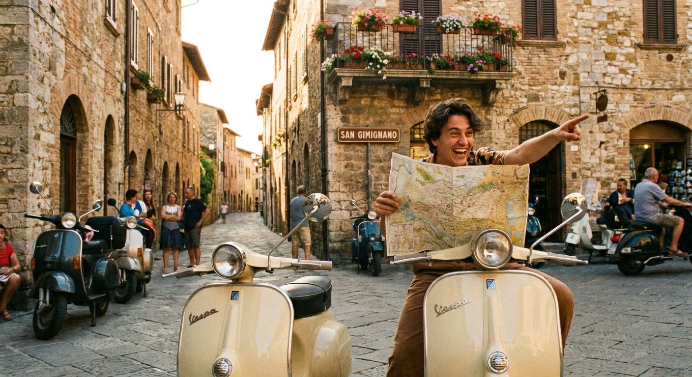 A person on a classic Vespa scooter, stopped at a sunny crossroads in a charming Italian hill town, looking at a physical map and pointing animatedly down one of the narrow, winding streets. Picturesque stone buildings line the background, with the street leading into the distance, conveying a sense of exploration and direction in a vibrant photograph.