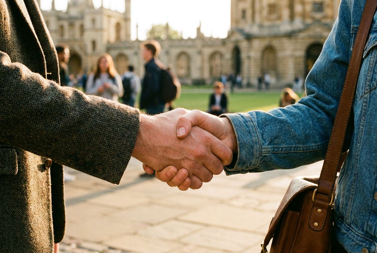 A low-angle close-up photograph of two people shaking hands firmly, their fingers intertwined, against a softly blurred, warm-toned background of a bustling university campus. Golden hour light catches the textures of their skin and clothing, emphasizing connection and mutual interaction in a 3:2 landscape frame.
