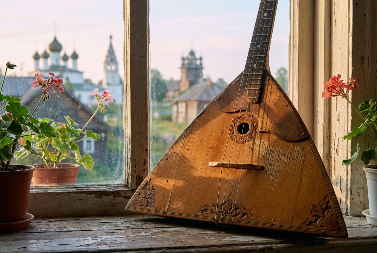 A close-up photograph of a vintage wooden balalaika, its intricate strings catching the warm glow of soft morning light, resting on a rustic windowsill. Through the slightly blurred window, a traditional Russian cityscape is visible under a gentle, early morning sky, composed for a 3:2 landscape frame.