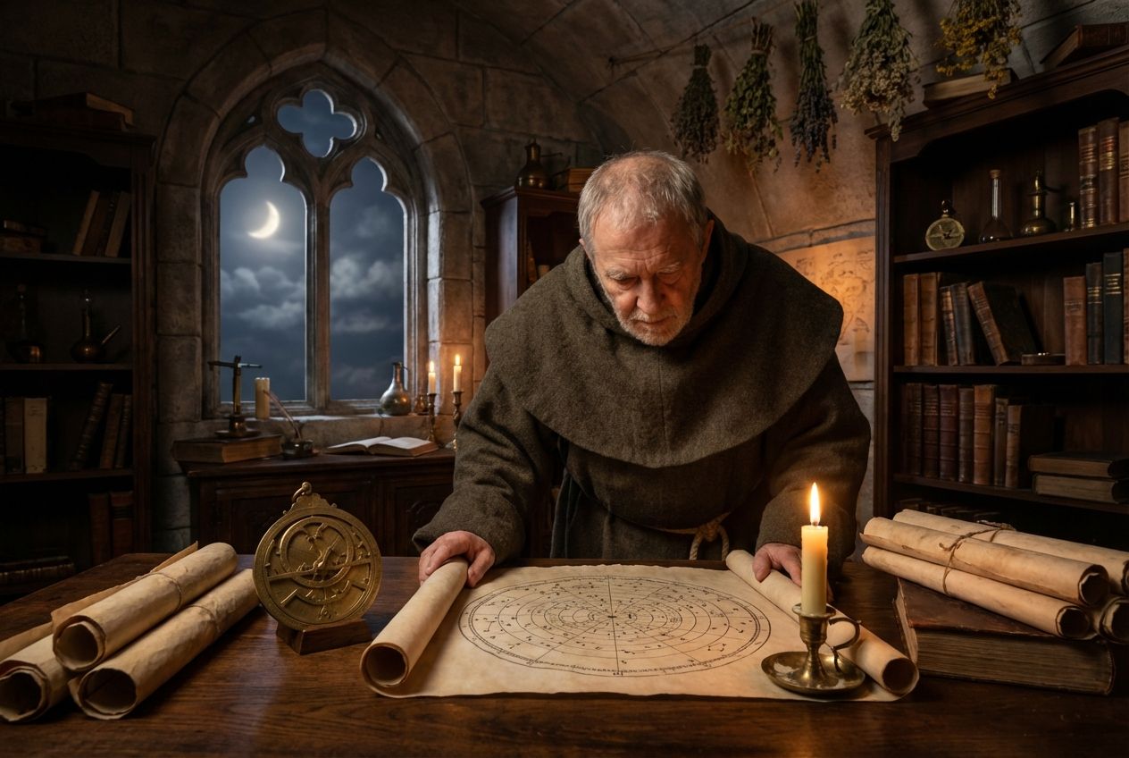 A dimly lit medieval study, where a robed physician intently examines an intricate, unfurled star chart on a heavy wooden table, illuminated by the warm glow of a flickering candle. An ancient astrolabe and scrolls are arranged nearby, with a gothic arched window in the background revealing a glimpse of a moonlit sky, all composed for a 3:2 landscape.