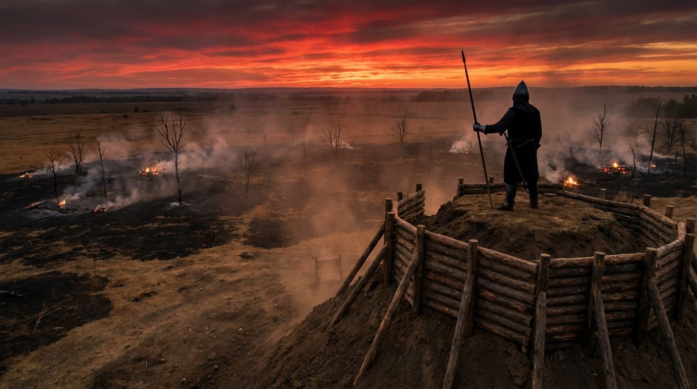 A dramatic wide-angle photograph of a lone Norman knight, silhouetted against a stark, red-tinged sunset, standing atop a newly erected motte and bailey castle. The knight gazes over a vast, scorched, and desolate landscape stretching to the horizon, evoking the brutal aftermath of conquest and the imposition of a new, ruthless power.