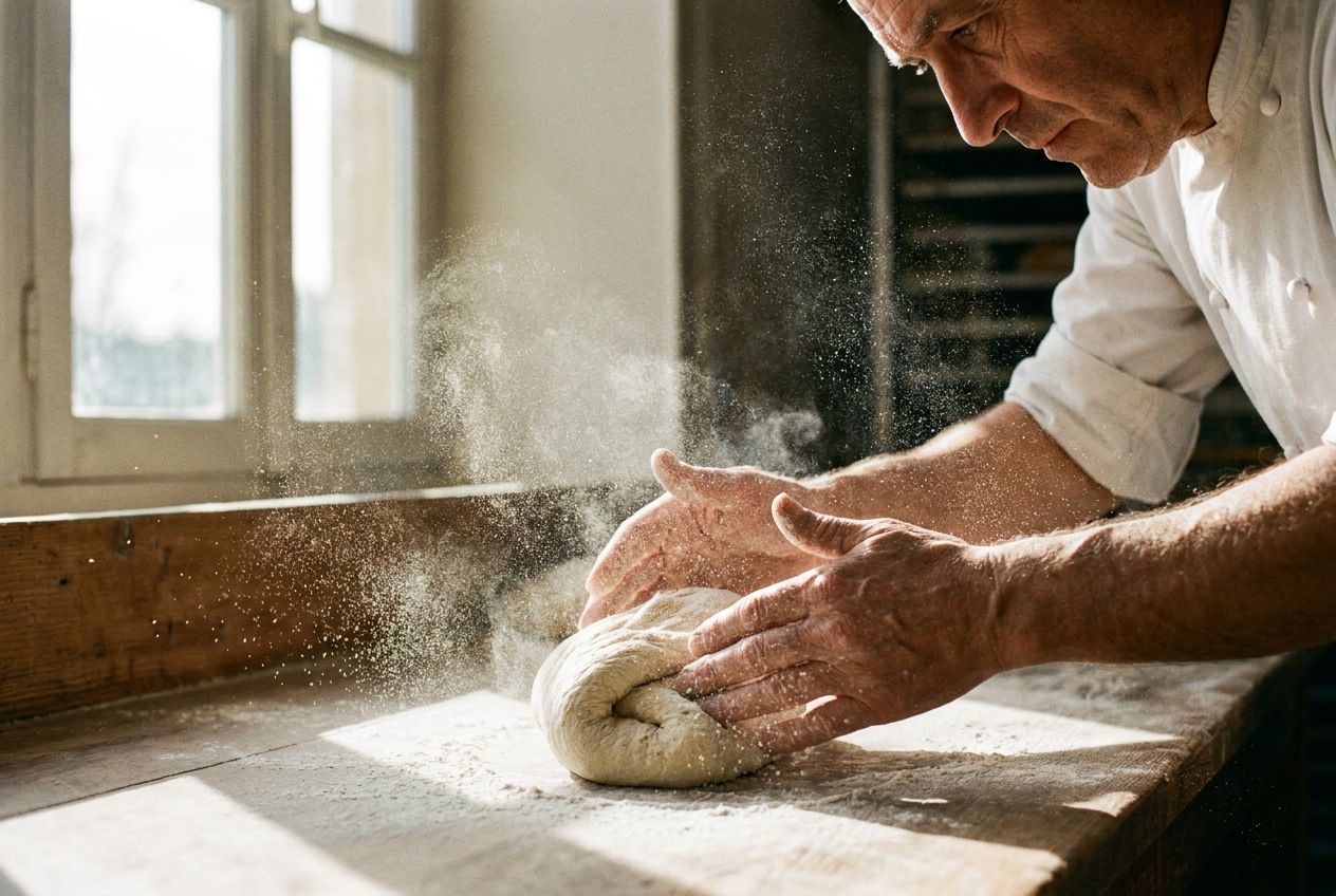 A close-up, dramatic photograph of a French baker's skilled hands meticulously shaping a baguette from dough, with flour dusting the air. The focus is on the precise, fluid sequence of movements, conveying the art of forming something complex and beautiful. The scene is brightly lit, emphasizing texture and action, composed for a 3:2 landscape frame.