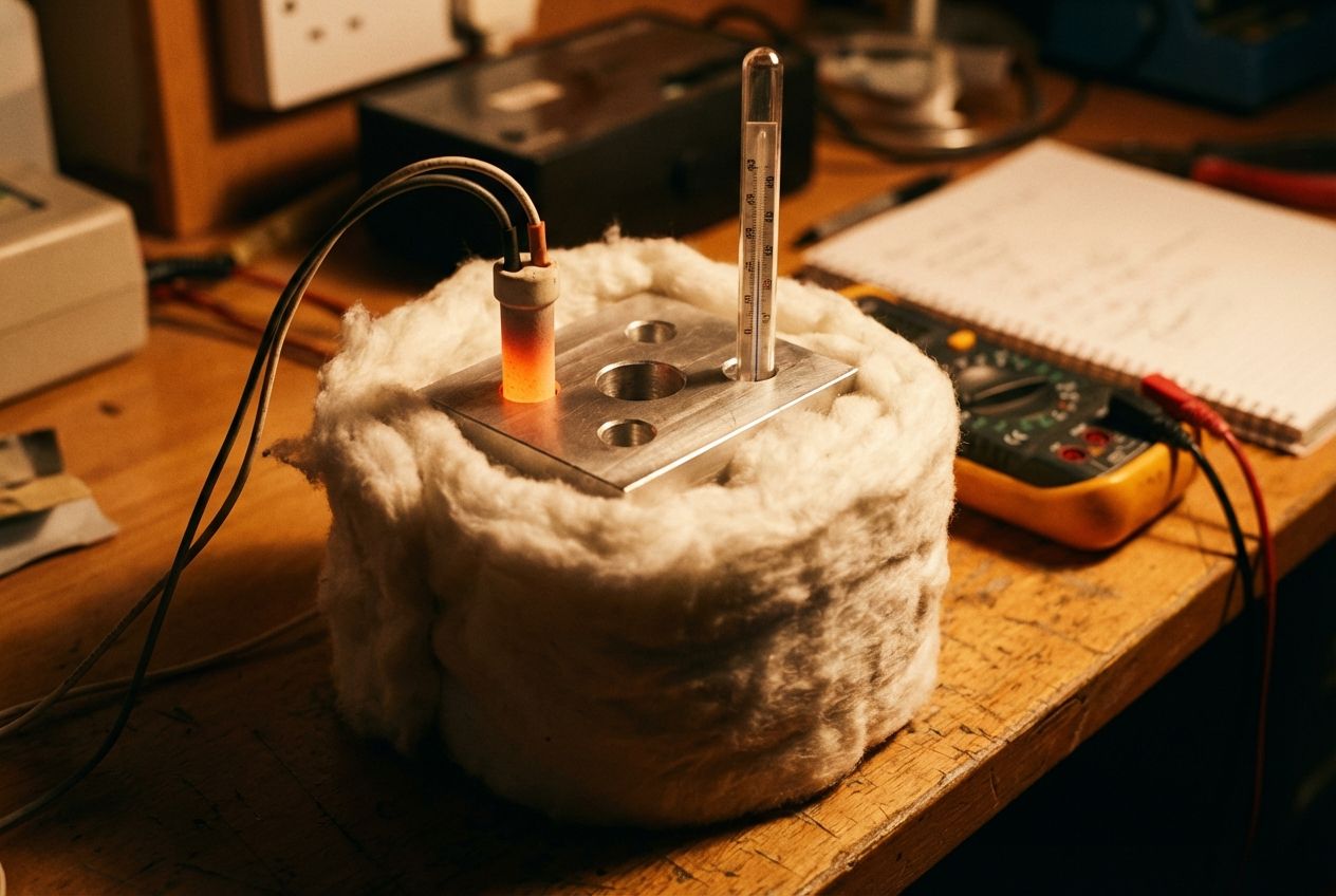 A dramatic close-up, 3:2 landscape photograph of an aluminium block, partially wrapped in cotton wool insulation. An electric heating element is inserted into one hole, with a glass thermometer in another, both casting subtle shadows. Electrical wires extend from the heater. The scene is lit with warm, focused light, emphasizing the scientific apparatus and the concept of precise heat transfer measurement.