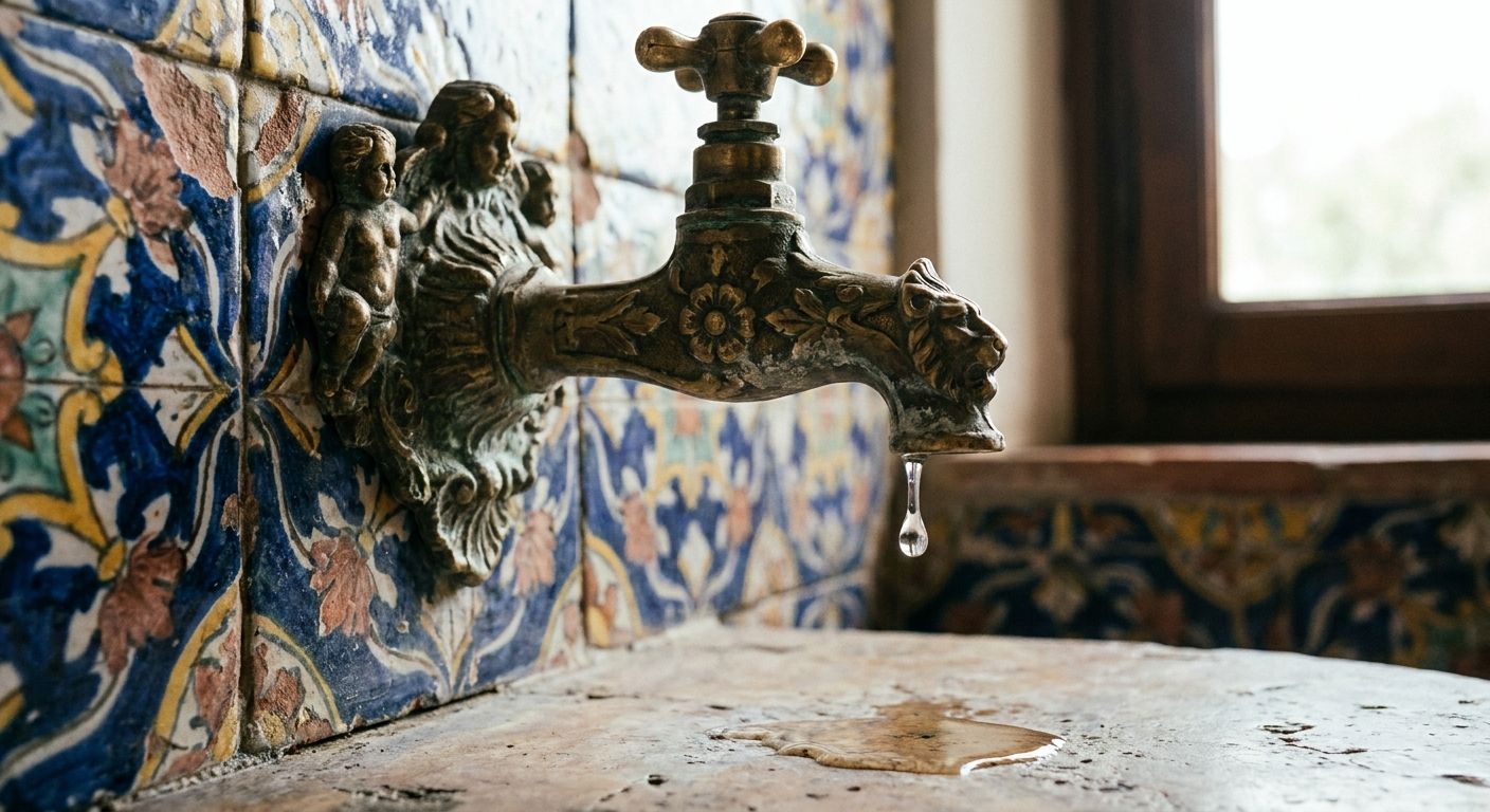 A close-up, dramatic photograph of a vintage ornate Italian faucet in an old-world bathroom, with a single, clear drop of water slowly dripping from it. The persistent leak creates a sense of minor inconvenience in the otherwise elegant setting of classic Italian ceramic tiles, bathed in soft, natural light.