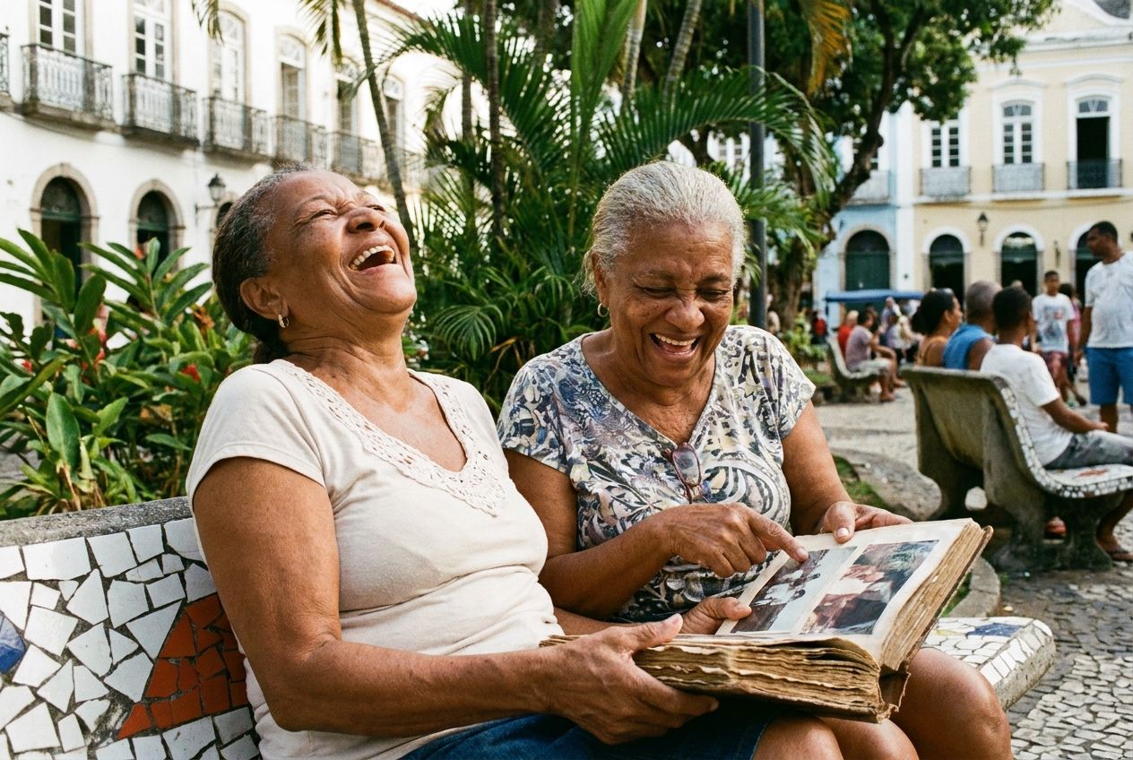 A candid photograph of two elderly Brazilian women, lifelong friends, sharing a laugh as they look through a faded photo album together on a sun-dappled bench in a vibrant park in Salvador, Brazil. The scene evokes a warm sense of shared history and cherished memories, composed for a 3:2 landscape frame.