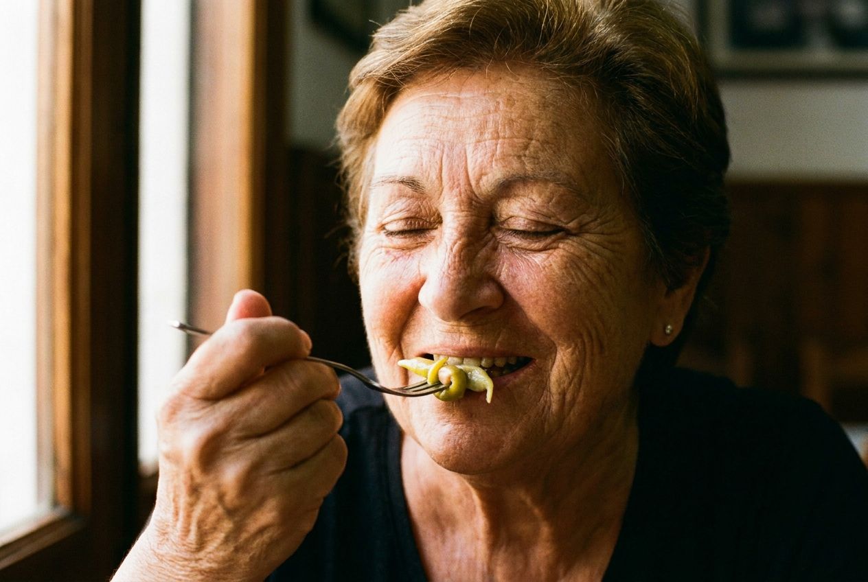 A close-up, dramatic photograph of an older Spanish woman's face, eyes closed in profound pleasure as she tastes a small, exquisitely prepared traditional Spanish tapa. Her expression conveys a rich, nuanced appreciation for the complex flavors, with soft, warm lighting highlighting the subtle details of her face, composed for a 3:2 landscape frame.