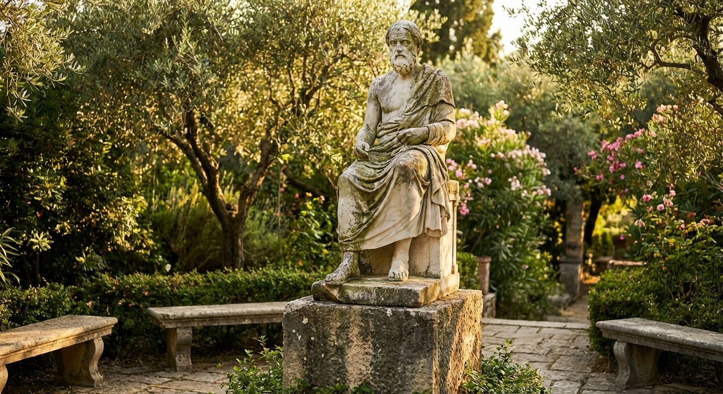 A weathered, ancient Greek statue stands in a serene garden, perfectly balanced on a stone pedestal. Golden sunlight bathes the scene, highlighting the statue's tranquil expression.