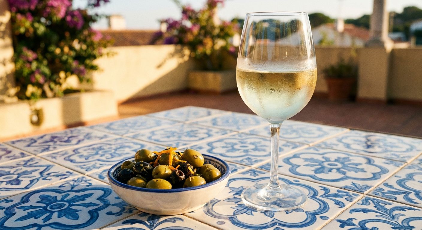 A sun-drenched, close-up photograph of a chilled glass of white Vinho Verde and a small ceramic bowl of marinated olives resting on a traditional blue and white azulejo tiled tabletop. The warm late-afternoon light creates soft shadows and highlights the condensation on the glass, capturing the relaxed atmosphere of a Portuguese terrace.