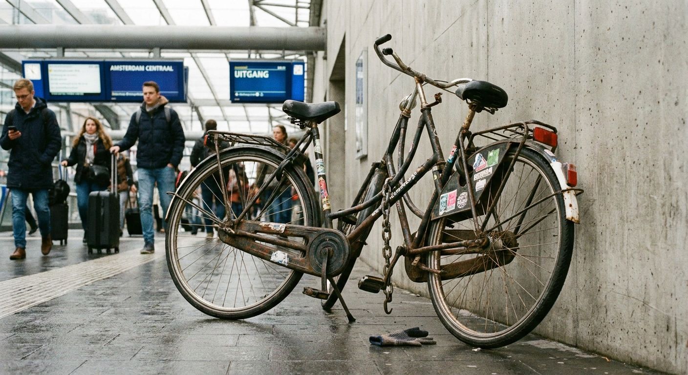 A lone, vintage Dutch bicycle, its lock cut and hanging open, parked awkwardly against a wall in an otherwise busy, modern train station in the Netherlands. The scene is shot from a low angle, emphasizing the bicycle's vulnerability and the subtle chaos of its loss.