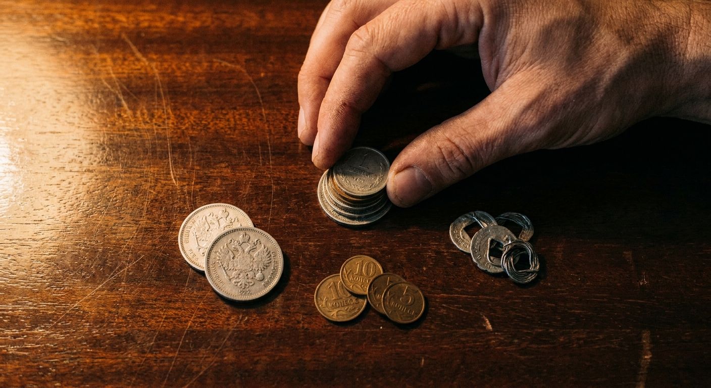 A close-up, top-down photograph of a hand gently arranging three distinct small groupings of old Russian roubles on a dark, polished wooden surface. Each group contains a subtly different number of coins, illuminated by a warm, focused side light, creating deep shadows.