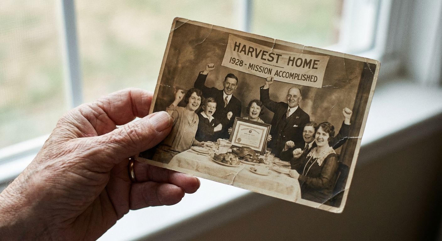 A close-up, slightly elevated photograph of a hand gently holding a single, slightly faded sepia-toned vintage photograph. The image within the vintage photo shows a joyful family gathered around a table, celebrating a specific, completed event from the past. Soft, nostalgic lighting illuminates the scene.
